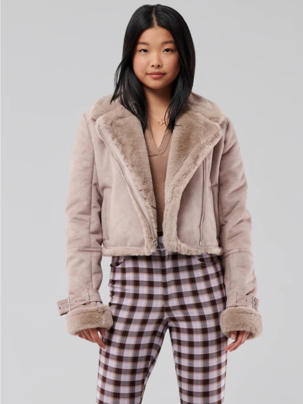 Hollister Faux Shearling Moto Jacket - Tan - size small